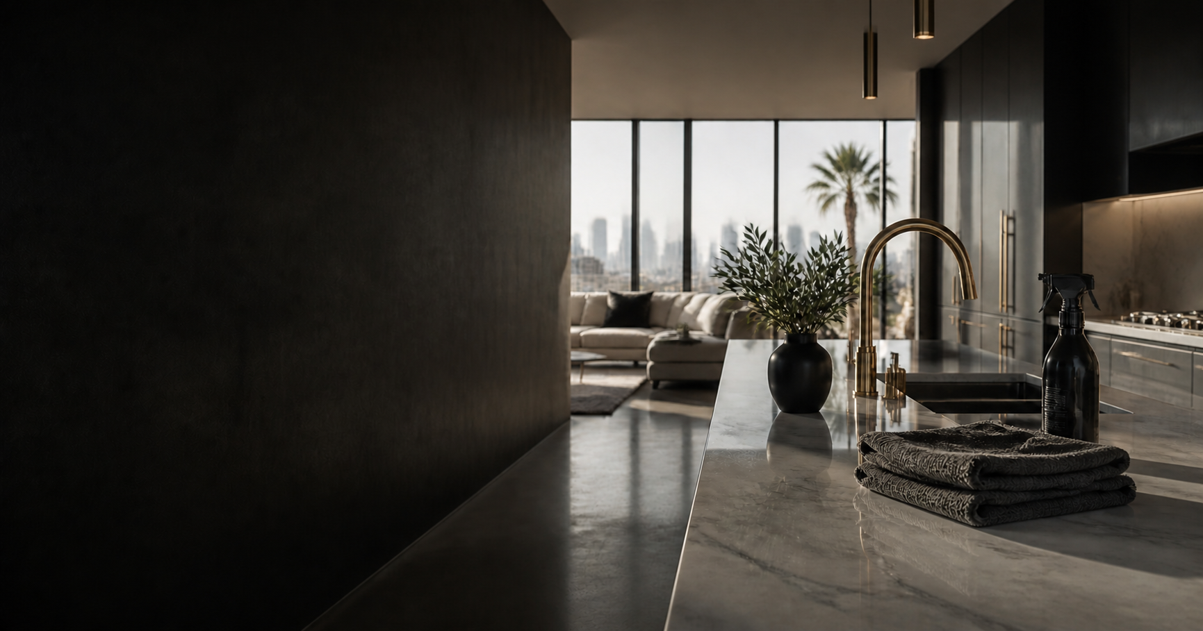A spotless luxury kitchen and living space overlooking Los Angeles