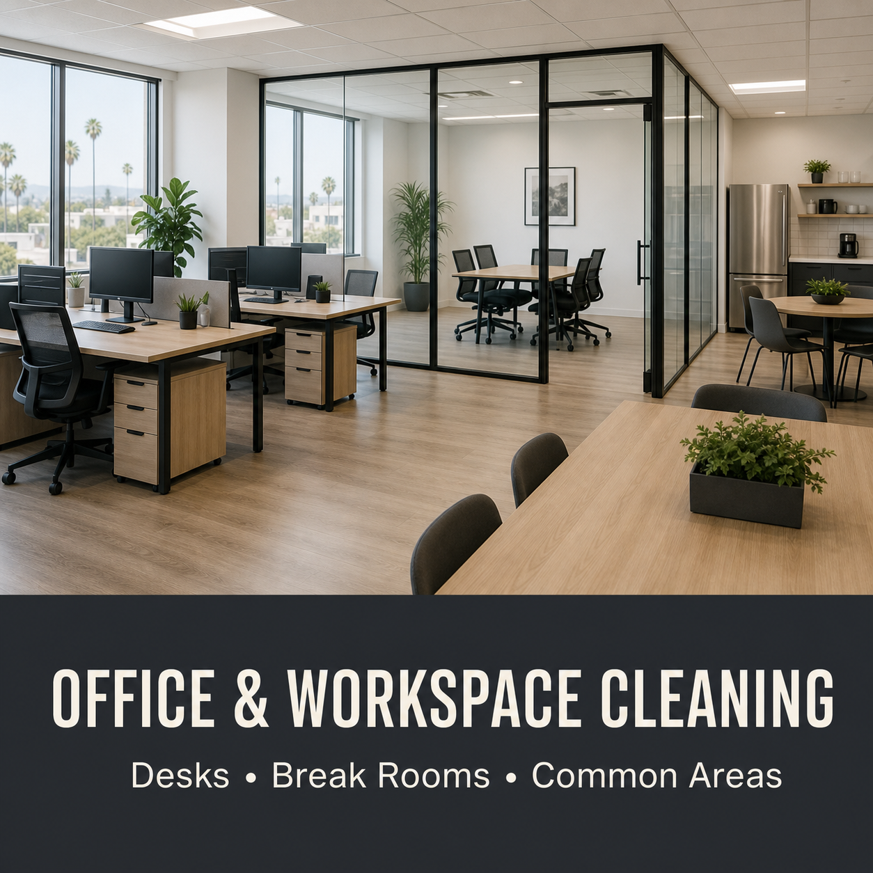 A clean modern office with desks, meeting room, and break area